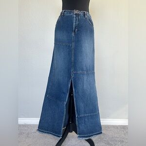 Free People Patchwork Maxi Skirt in a Blue wash denim.